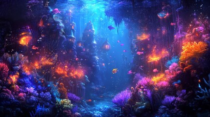 Fototapeta premium Ethereal Underwater Kingdom: Glowing Coral Reefs Digital Painting 3