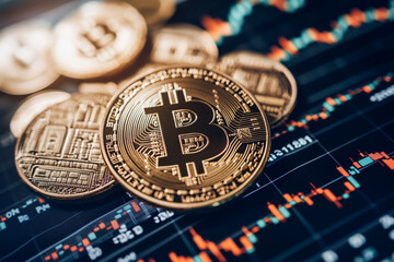 Bitcoin Cryptocurrency Coin on Trading Platform with Price Chart in Background, Highlighting Digital Currency, Blockchain Technology, and Financial Market Trends in the World of Decentralized Finance