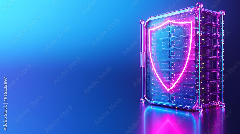 Poster vibrant neon shield representing cybersecurity and data protection in a futuristic setting with glow