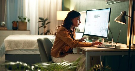 Typing, online and woman with laptop in night, remote working and planning for deadline of project. Digital, freelancer and copywriting in bedroom, busy or part time for student with loan for tuition