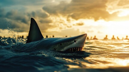 Fototapeta premium Shark fins break the surface of the sea near people swimming, symbolizing danger and the thrill of survival. Copy space for text.