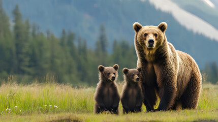 A mother bear and her cubs stand in the grassy meadow, with mountains behind them.
