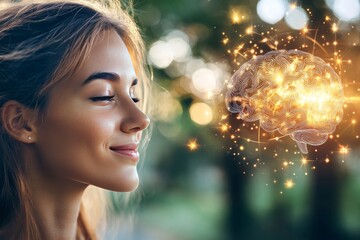 Emotional synchronization Mental capacity Young woman smiling with glowing neural pathways surrounding her representing happiness creativity and positive power of the mind in a vibrant setting