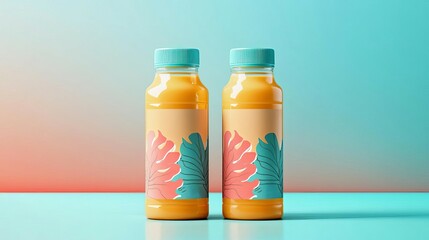 Organic juice bottle packaging mockup with vibrant label design, glossy reflections, two-tone gradient background in coral and sky blue, have large negative space for text