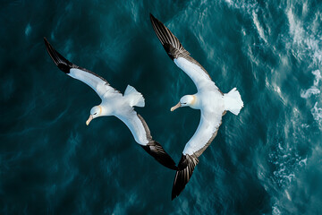  Two albatrosses soaring over the ocean, shot from above,