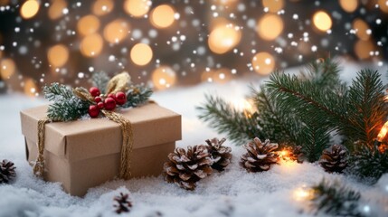 Christmas Gift Box, Fir Branches And Pine cones, On Snow With Christmas Lights