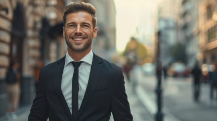 Naklejka premium portrait of a handsome smiling white young businessman boss in a black suit walking on a city street to his company office. blurry street background, confident