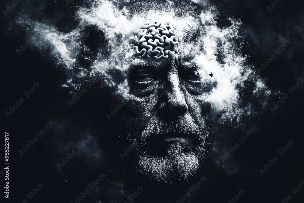 Poster empathic brain activity mental capacity portrait of an elderly man with his head dissolving into smo