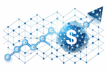 Vector illustration of AI automation symbols connected to a dollar icon showing cost-saving benefits for financial processes - isolated on white background