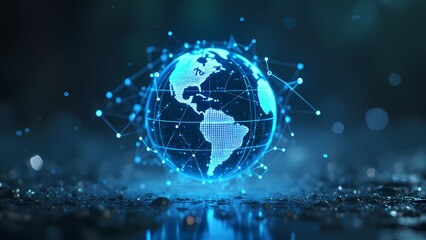 Fototapeta premium Holographic Globe with Bright Blue Network in Atmospheric Background