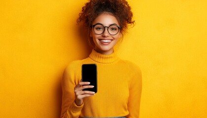 Fototapeta premium Empowered Professional Woman: Smiling Female Executive Using Smartphone in Modern Office Setting. Illustrating Work-Life Balance, Digital Connectivity, and Inclusive Corporate Culture for Labor Day Ma
