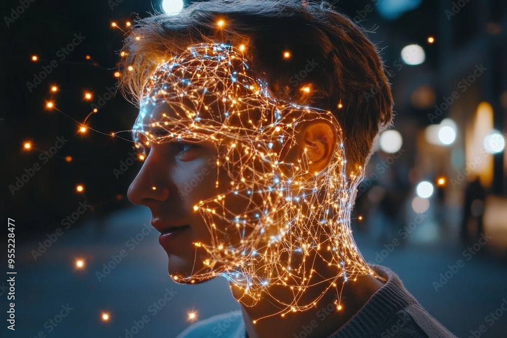Aufkleber neurophysiological mental capacity man with a face made of glowing neural pathways symbolizing the c
