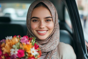 Smiling Woman in Hijab Holding Flowers in a Car
