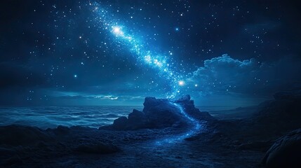 light blue beach covered with colored glowing glass, fluorescent ocean, moonlight, sparkling stars, 