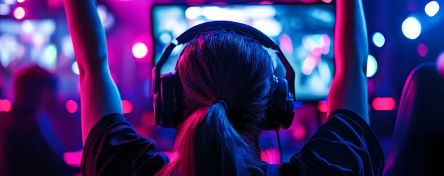 Female esports champion in mid-cheer, neon-lit background, intense focus on the monitor, victory moment, cyberathletics winner