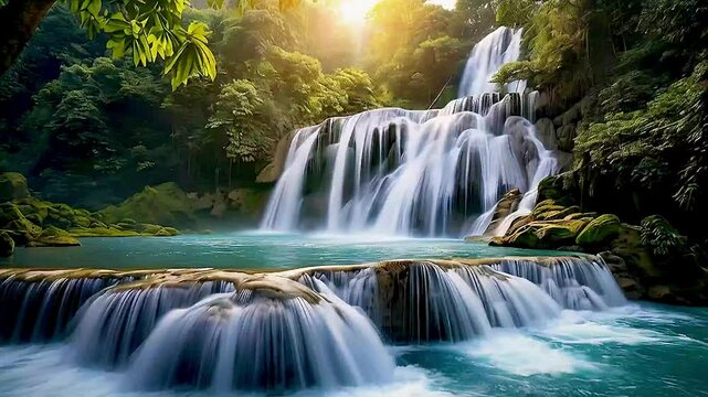 a waterfall  and  a river  in the background