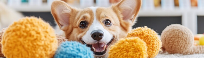 A happy corgi surrounded by colorful pom-poms, showcasing joy and playfulness in a bright indoor setting.