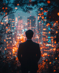 A corporate executive celebrating career success, with a background of skyscrapers and city lights,