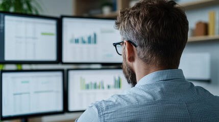 A man analyzes data on multiple screens in a modern office, focusing on graphs and statistics for better decision making.
