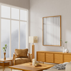 Mock up poster frame in Scandinavian style interior. Minimalist livingroom with wooden furnitures. 3D illustration