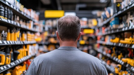Fototapeta premium A person exploring a hardware store aisle filled with various tools, showcasing a vibrant array of tools and equipment.