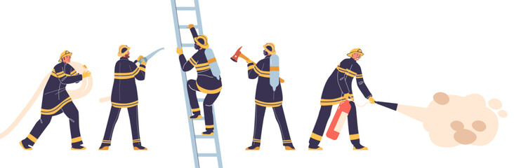 Team Of Skilled Firefighters Working Together To Extinguish A Fire Using Professional Equipment. Cartoon Illustration
