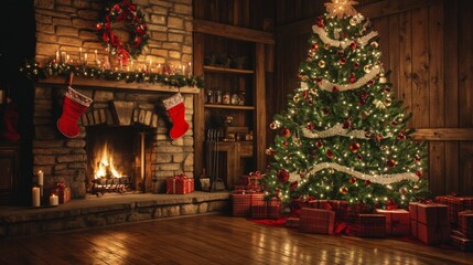 Fototapeta premium Christmas Tree with Decorations Near a Fireplace with Lights