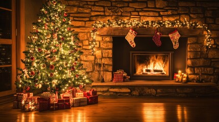 Christmas Tree with Decorations Near a Fireplace with Lights