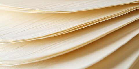 Close-up of overlapping sheets of cream-colored paper, creating soft shadows and depth, warm tones, selective focus

