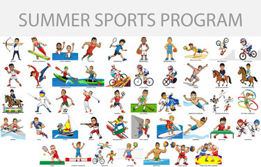 Summer Games athletes isolated on white background in cartoon style. Summer Games 2024. All disciplines. Vector illustration.