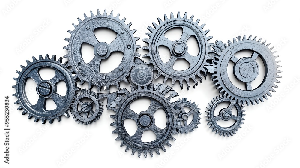 Poster interlocking gears and cogs of an industrial mechanical system