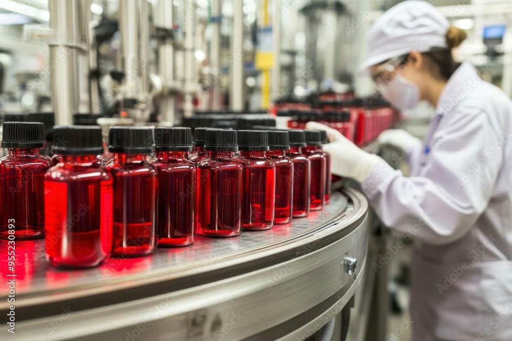 Poster red liquid bottles moving on a conveyor belt in a factory setting