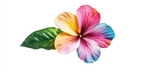A colorful flower with a pink center and green leaves isolated on a white background