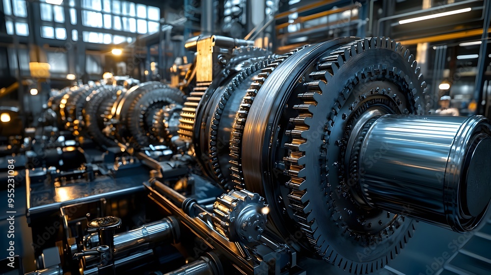 Poster intricate gears and cogs in an industrial factory setting