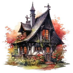 Fototapeta premium A quaint, ivy-covered cottage with a tall chimney and decorative detailing
