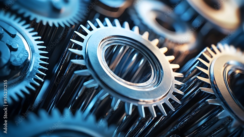 Poster interlocking industrial gears and cogs showcasing mechanical engineering precision