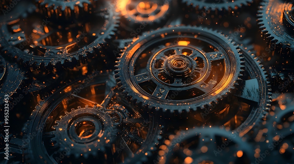 Poster intricate clockwork machinery gears and cogs in metallic tones abstract background