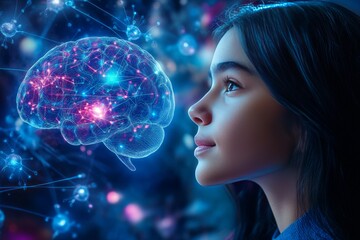 Naklejka premium Brain interaction Mental capacity Portrait of an elderly woman with fiery glowing hair symbolizing the passionate energy of a vibrant mind and the creativity that endures through age