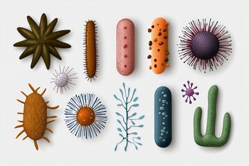Naklejka premium A collection of stylized microorganisms, including bacteria and viruses, showcasing vibrant colors and unique forms.