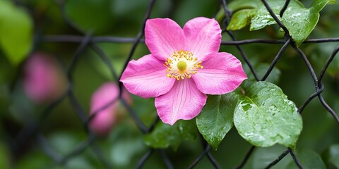 Obraz premium A pink flower with yellow stamens is on a fence. The flower is surrounded by green leaves 