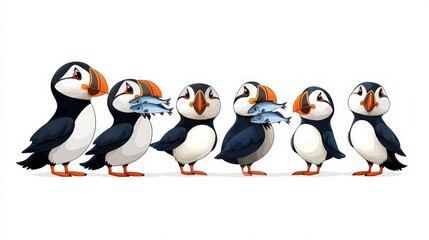 Naklejka premium A colorful cartoon of puffins carrying fish, showcasing their playful nature and vibrant colors, perfect for children's themes.