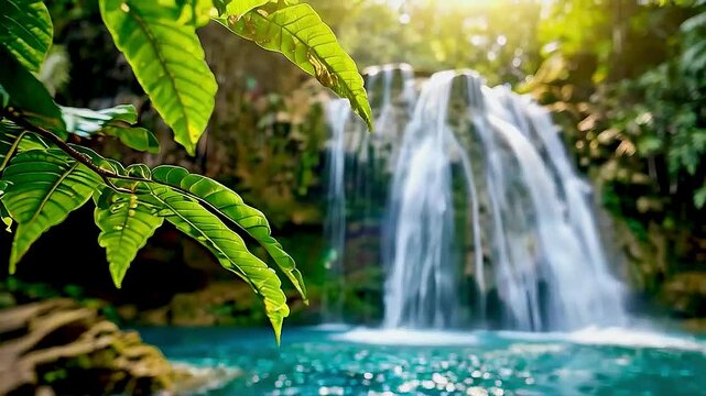a waterfall  and  a tree  with  leaves