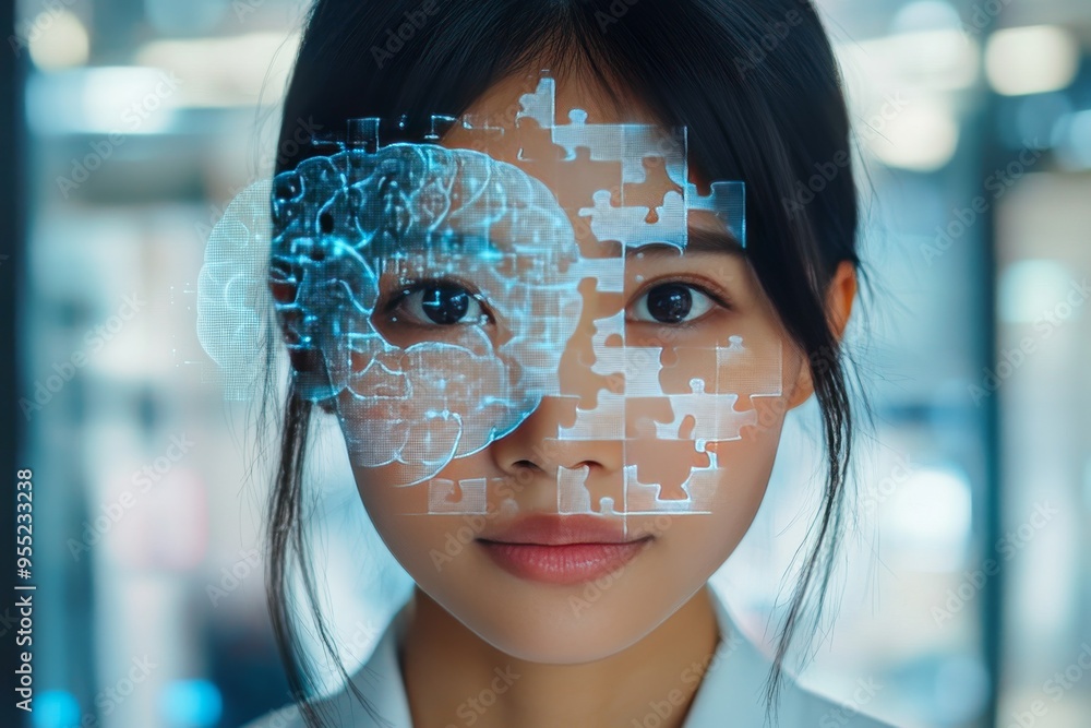 Aufkleber social brain network brainpower woman with a holographic brain overlay on her face symbolizing advan