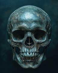 A detailed, high-contrast image of a human skull with deep shadows and dramatic lighting,