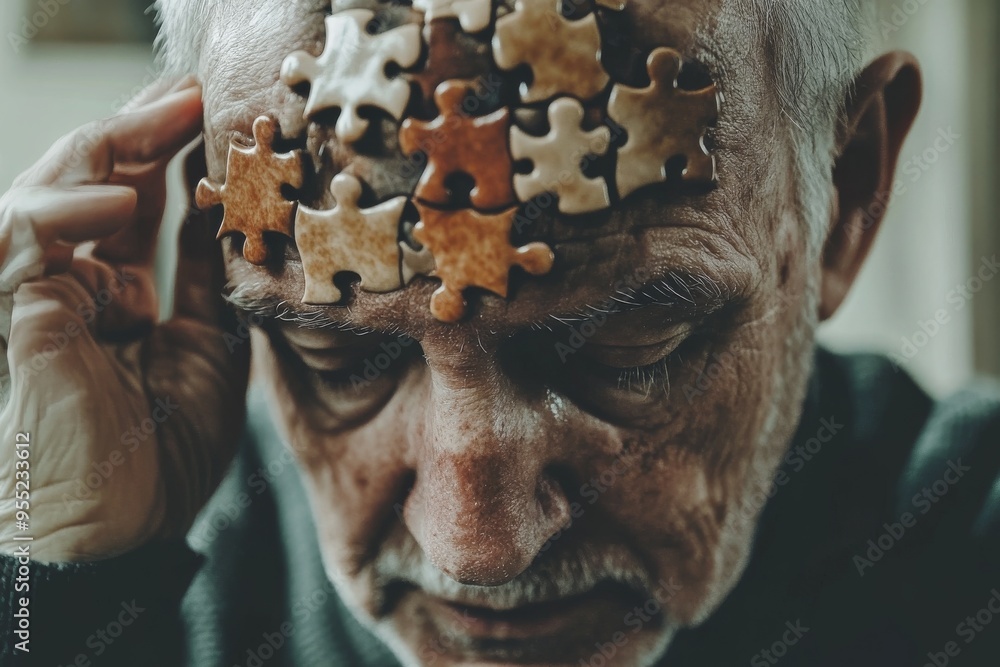 Poster emotional synchronization brainpower elderly man with puzzle pieces on his forehead symbolizing memo