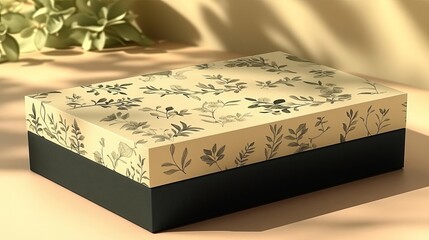 Premium tea box packaging mockup with botanical illustrations, elegant shadow play, two-tone gradient background in sage and light peach, have large negative space for text
