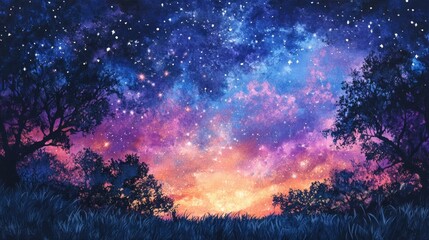 Fototapeta premium Watercolor Painting of a Night Sky with Silhouetted Trees