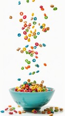 Colorful cereal loops in red, yellow, blue, green, orange, and purple fall into a light blue bowl on a messy table, creating a vibrant and playful breakfast scene.