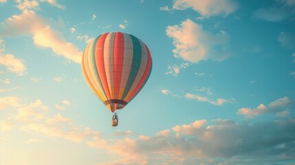 Naklejka premium A colorful hot air balloon floats in a blue sky with white clouds, conveying a sense of peace and excitement in a sunny setting.