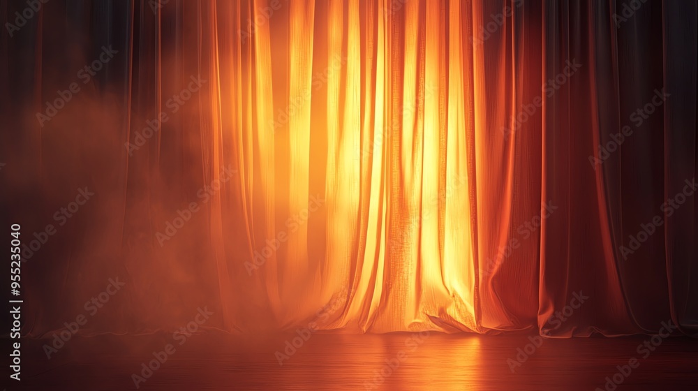 Poster a dramatic curtain illuminated with warm light, creating a moody atmosphere perfect for theater and 